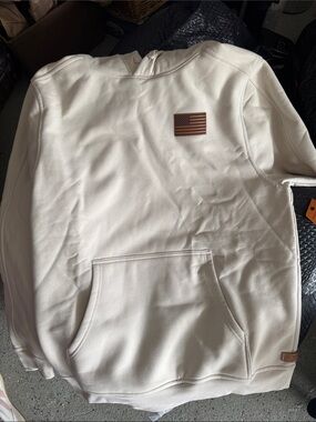 Men's Crewneck Pullover Sweatshirt in Cream with Flag Patch
